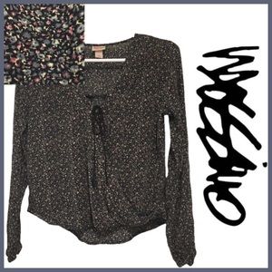 MOSSIMO Floral Slouchy Surplice Wrap Long Sleeve Blouse Black Blue Pink Small